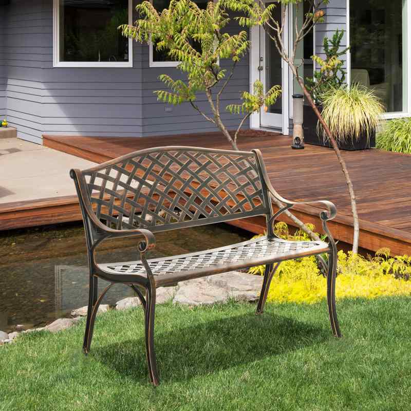 Outsunny Cast Aluminium Outdoor Garden Bench 2 Seater Antique Patio Loveseat, Bronze