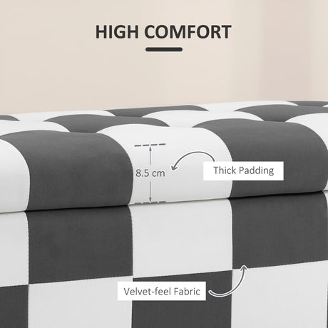 HOMCOM 114 x 47 x 47cm Velvet Storage Ottoman, Button-tufted Footstool Box, Toy Chest with Lid for Living Room, Bedroom, Dark Grey and White