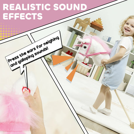AIYAPLAY Unicorn Stick Horse with Wood Wheels, Real Pony Neighing and Galloping Sounds, Grip Handle, 95 cm, White
