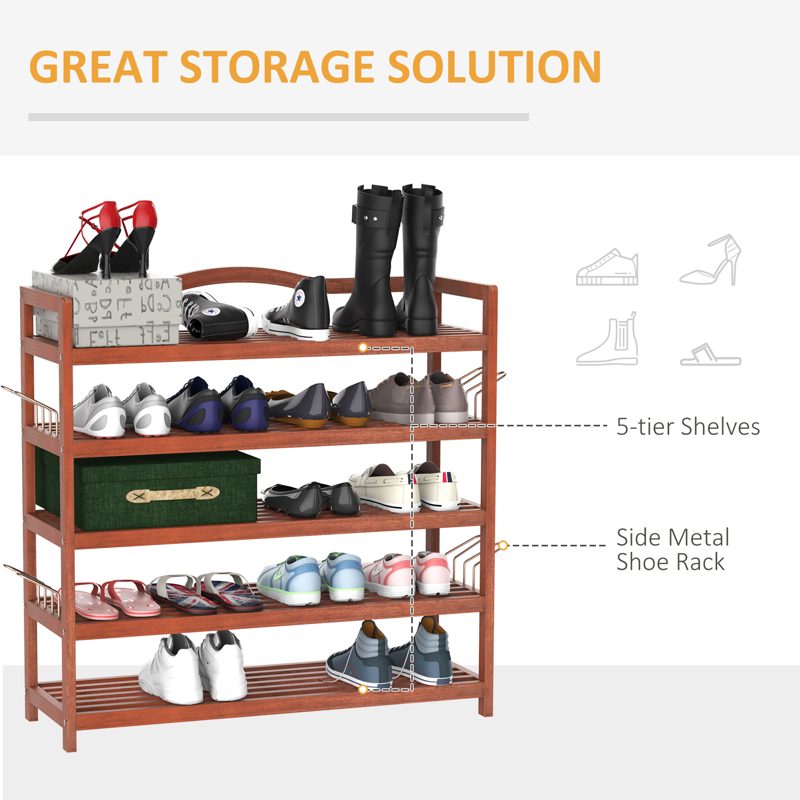 HOMCOM 5-Tier Shoe Rack, Acacia Wooden Shoe Storage Organiser with Hangers, Holds up to 24 Pairs, for Entryway, Living Room, 84 x 26 x 82 cm, Teak