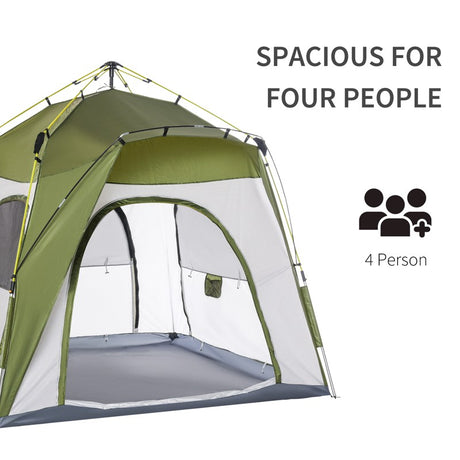 Outsunny 4 Person Automatic Camping Tent, Outdoor Pop Up Tent, Portable Backpacking Dome Shelter, Green