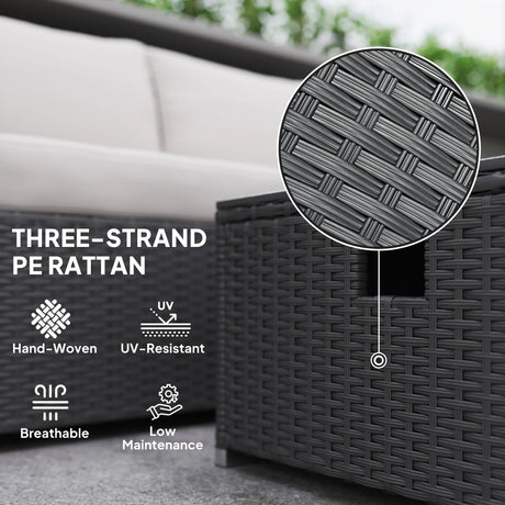 Outsunny Five Piece Rattan Garden Furniture Set with Gas Fire Pit Table and Footstool - Black and Cream White