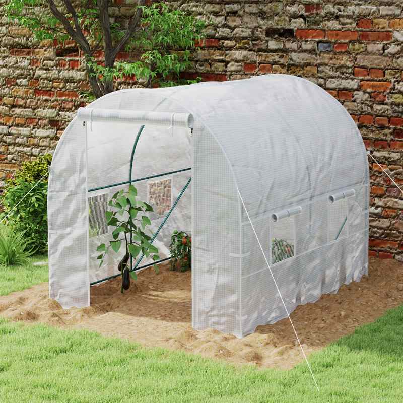 Outsunny Reinforced Walk in Polytunnel Greenhouse with Roll Up Zipped Door Windows, Galvanised Steel Frame, 2 x 2.5m