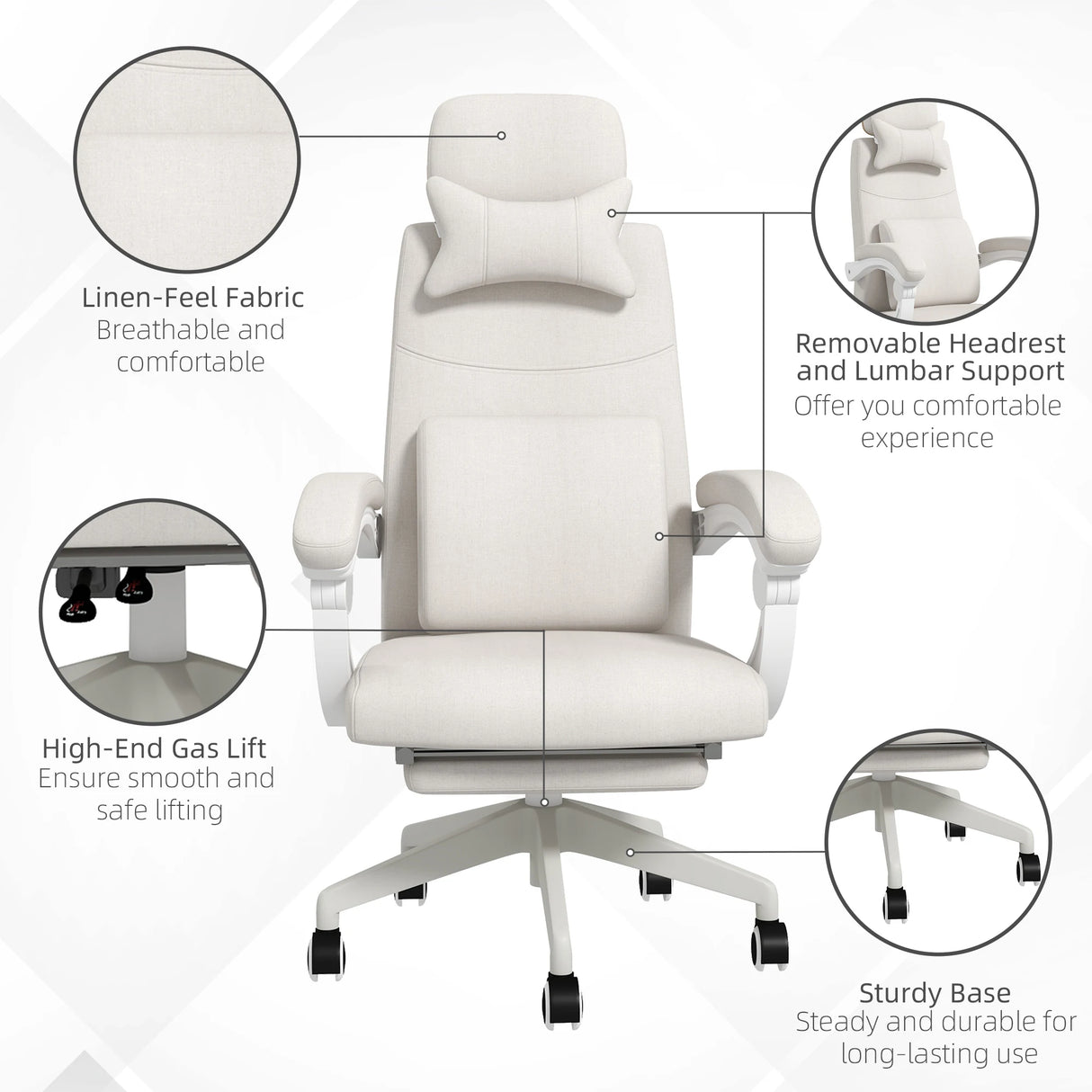 Vinsetto Linen-Look Office Chair, with 160 Reclining Back and Footrest - White
