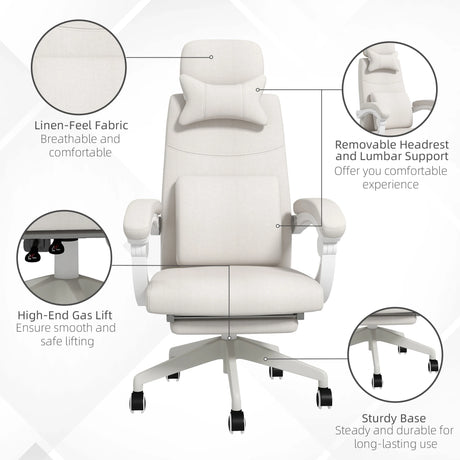 Vinsetto Linen-Look Office Chair, with 160 Reclining Back and Footrest - White