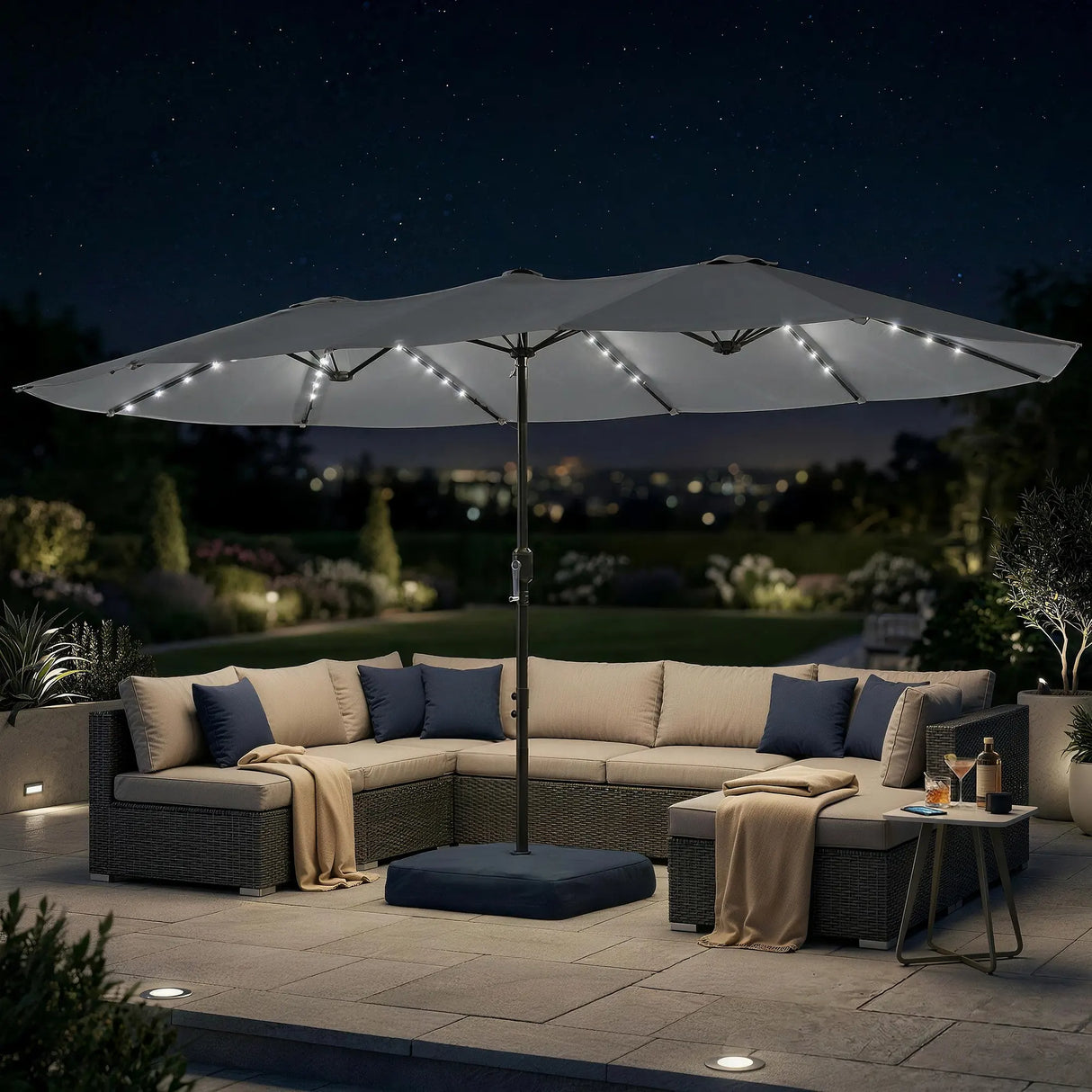 Outsunny Patio Umbrella Double-Sided Outdoor Umbrella with Solar Lights Base, Grey