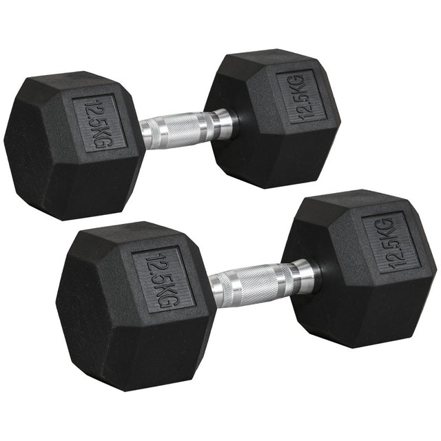 HOMCOM 2x12.5kg Rubber Hex Dumbbell Portable Hand Weights Dumbbell Home Gym Workout Fitness Hand Dumbbell