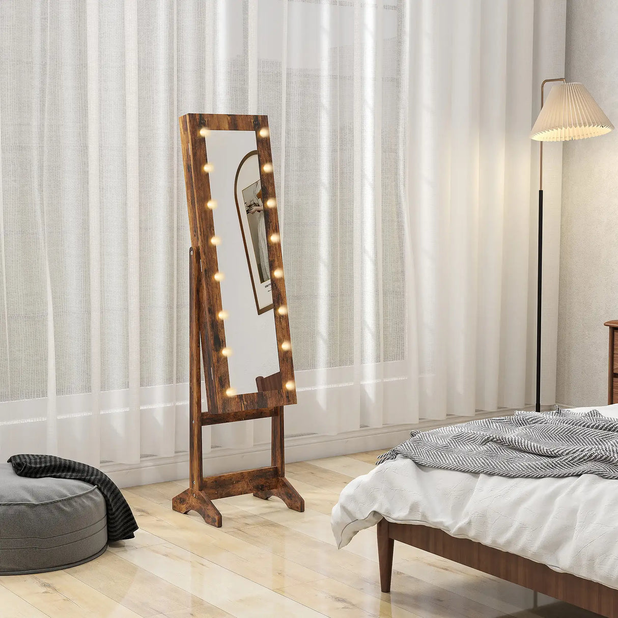 HOMCOM Freestanding Mirrored Jewellery Storage Cabinet - Wood-Effect