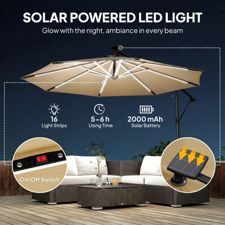 Outsunny 3 m Garden Cantilever Parasol with LED Solar Light, Round Overhanging Umbrella with 360 Rotation, Cover, Khaki