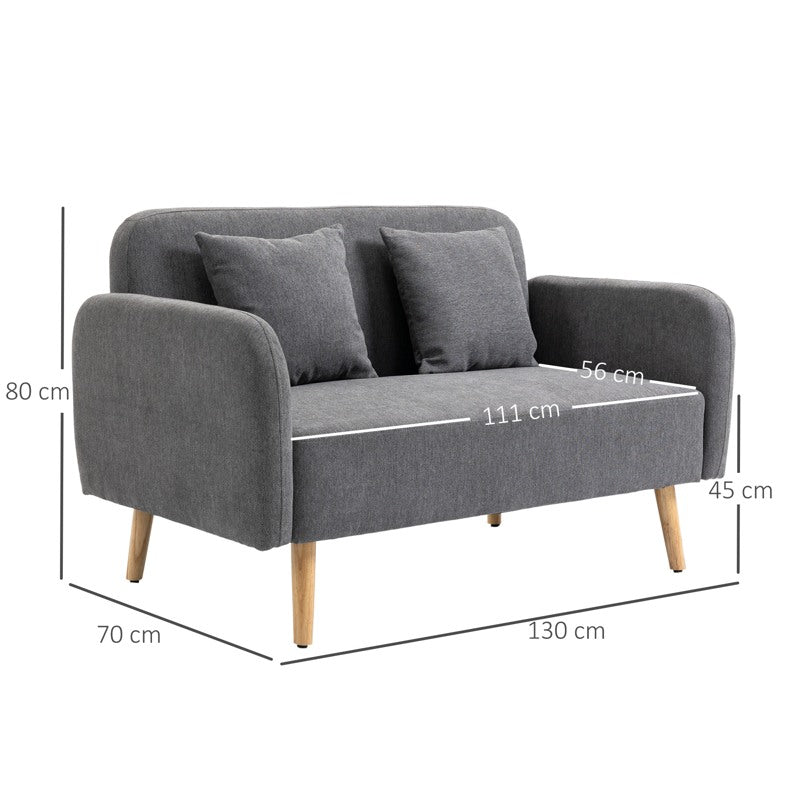 HOMCOM 2 Seater Sofa, Modern Fabric Loveseat Sofa, Small Couch with 2 Pillows, Armrest and Wood Legs for Living Room, Bedroom, Home Office, Grey