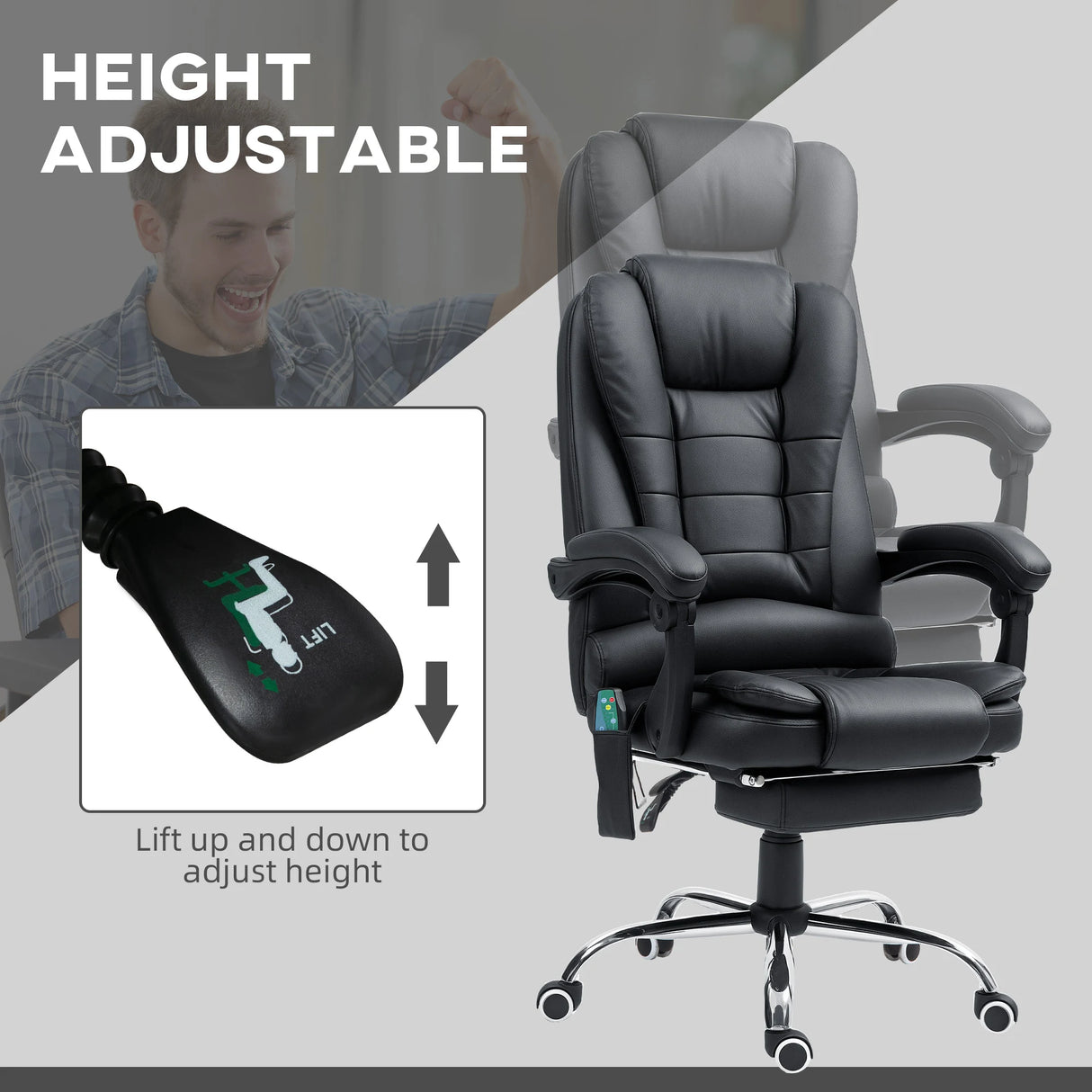Vinsetto Office Chair with 6 Point Massage and Back Heat, PU Desk Chair with Footrest Adjustable Height and Swivel Wheels, Back Reclining, Black