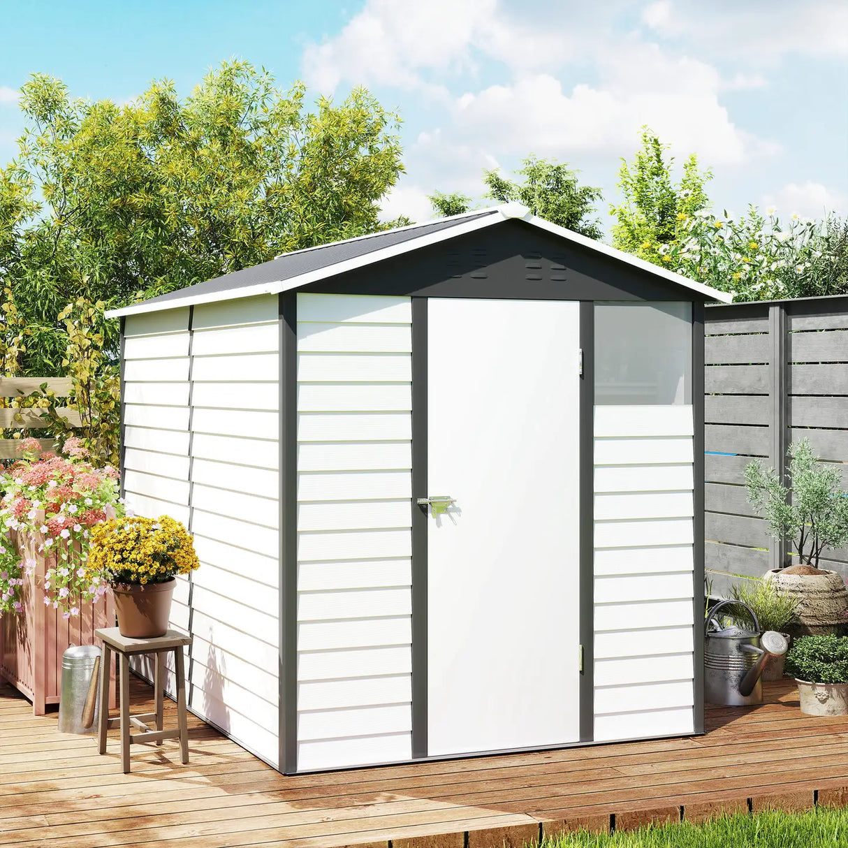 Outsunny 9x 6FT Metal Outdoor Garden Shed, Galvanised Tool Storage Shed w/ Sloped Roof, Lockable Door for Patio Lawn, Dark Grey