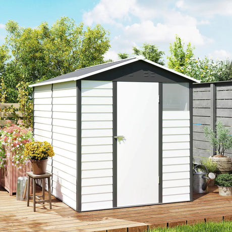 Outsunny 9x 6FT Metal Outdoor Garden Shed, Galvanised Tool Storage Shed w/ Sloped Roof, Lockable Door for Patio Lawn, Dark Grey