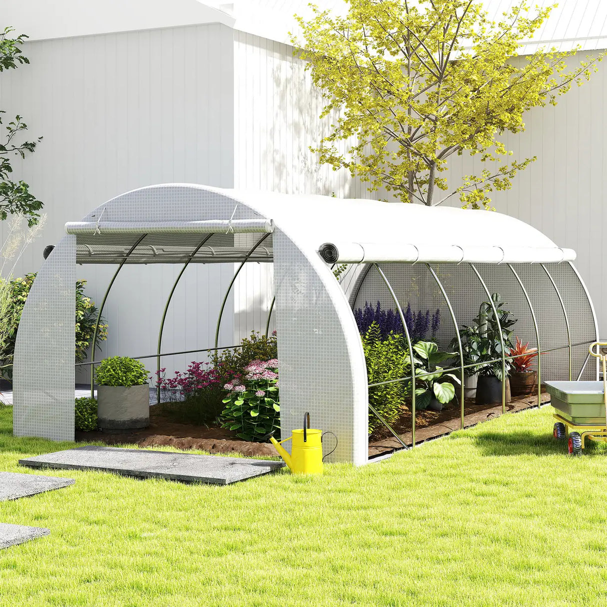 Outsunny 6 x 3 x 2 m Polytunnel Greenhouse with Roll-up Side Walls, Walk-in Grow House Tent with Steel Frame, Reinforced Cover, Zipped Door and 12 Mesh Windows for Garden, White