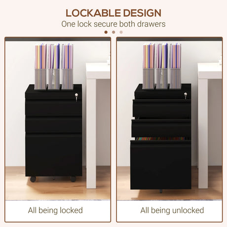 Vinsetto 3-Drawer Filing Cabinet with Lock, Mobile Steel File Cabinet for A4, Legal and Letter Size, Under Desk Drawers with Pre-Assembled Body for Home Office, 37 x 43.5 x 60 cm, Black