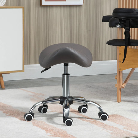 HOMCOM Cosmetic Stool 360 Rotate Height Adjustable Salon Massage Spa Chair Hydraulic Rolling Faux Leather Saddle Stool, Grey