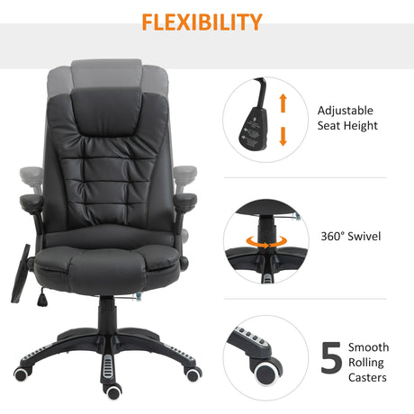 HOMCOM 6-Point Massage Office Chair with Seat Heated for Home Office, PU Leather High Back Executive Desk Chair with Adjustable Height and 360 Swivel for Work Study, Black