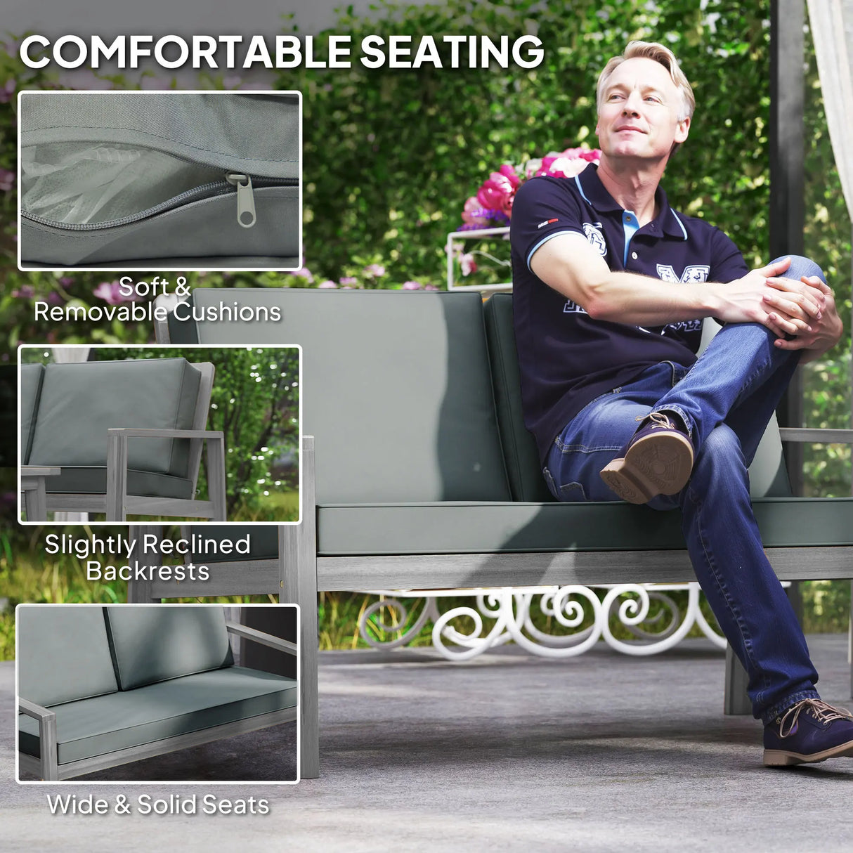 Outsunny 4-Piece Wooden Garden Furniture Set with Cushions - Light Grey