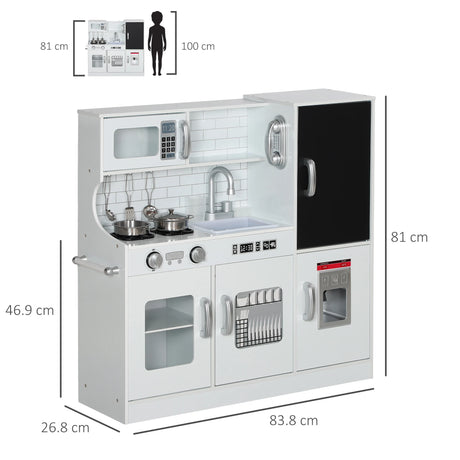 AIYAPLAY Pretend Play Kitchen, Kids Kitchen Playset, with Toy Phone, Chalkboard, Microwave, Cooking Stove, Sink, White