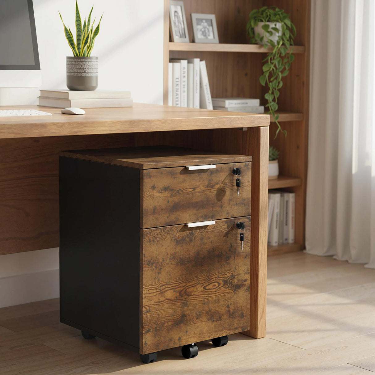 HOMCOM Two-Drawer Lockable Filing Cabinet - Black and Rustic Brown