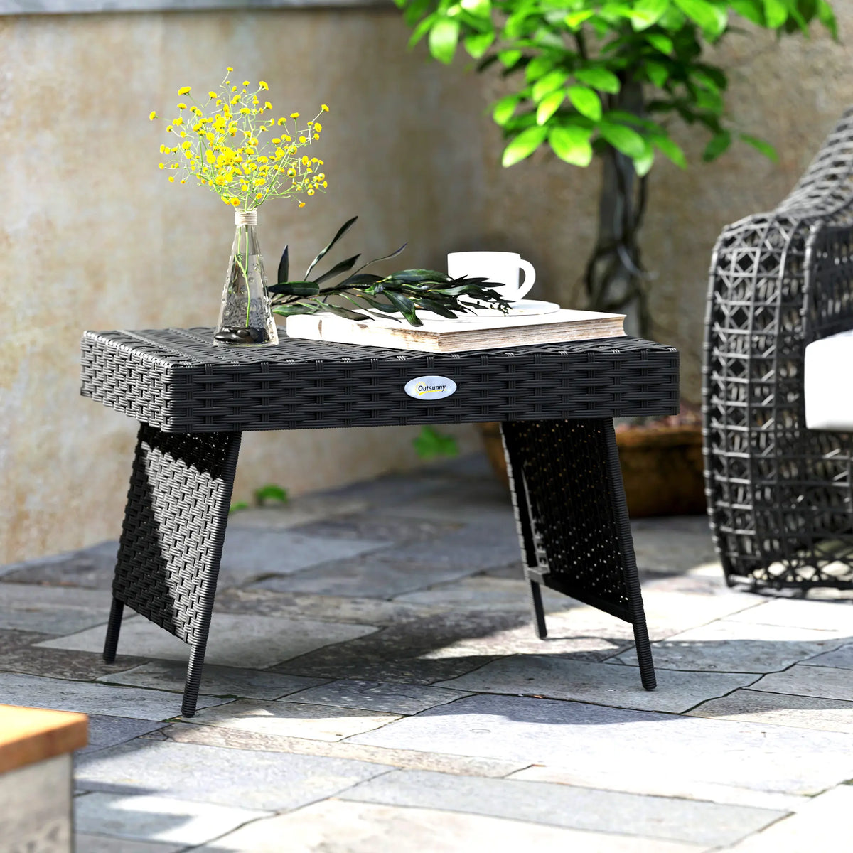Outsunny Foldable Outdoor Side Table, Rattan Garden Coffee Table with Steel Frame, Space Saving Bistro Garden Furniture for Patio, Balcony, 60 x 41 x 41 cm, Black