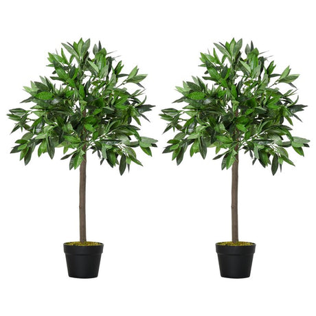 Outsunny Set Of 2 90cm/3FT Artificial Bay Laurel Topiary Trees w/ Pot Fake Indoor Outdoor Greenery Plant Home Office Garden Decor Green