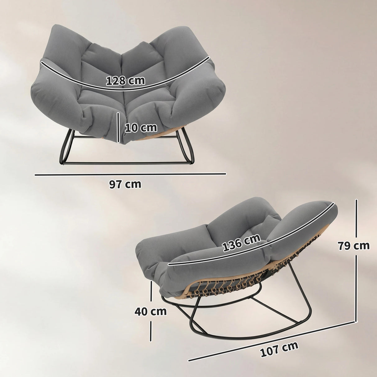 Outsunny Indoor Outdoor Rocking Chair, Oversized Rocking Egg Chair with Cushion for Living Room, Garden, Patio, Grey