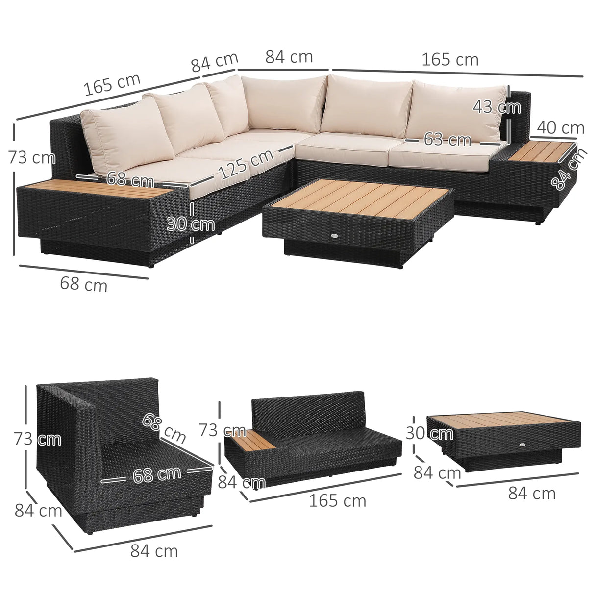 Outsunny 4 PCs Rattan Garden Furniture Outdoor Sectional Corner Sofa and Coffee Table Set  Conservatory Wicker Weave Furniture with Armrest and Cushions - Black