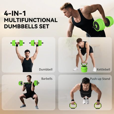 SPORTNOW 20kg Four-In-One Adjustable Weight Dumbbells Set, Barbell, Kettlebell, Push Up Stand - Green