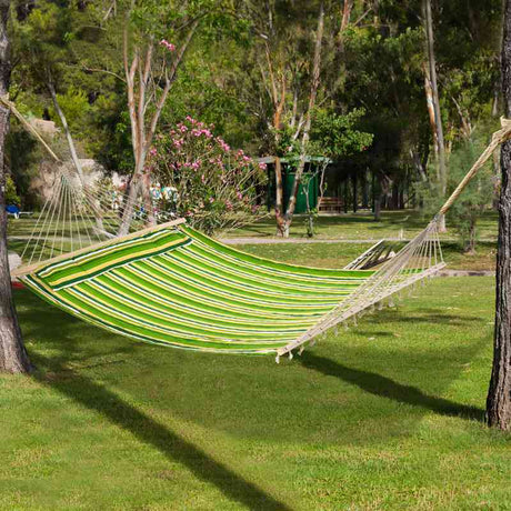 Outsunny Double Cotton Hammock Camping Swing Outdoor Garden Beach Stripe Hanging Bed with Pillow 188L x 140W cm, Green