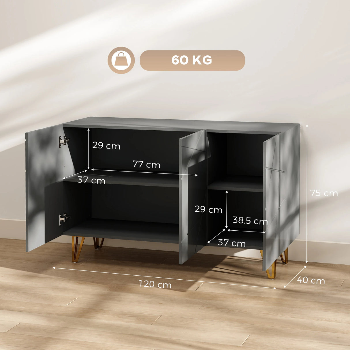 HOMCOM Modern Luxe High Gloss Sideboard, with Hairpin Legs, Grey