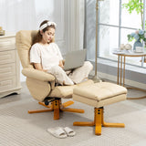 HOMCOM PU Leather Swivel Recliner Chair with Footstool, Wooden Base and Storage for Living Room, Beige