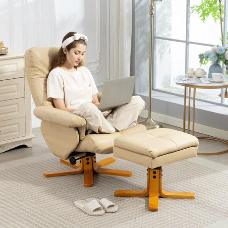 HOMCOM PU Leather Swivel Recliner Chair with Footstool, Wooden Base and Storage for Living Room, Beige