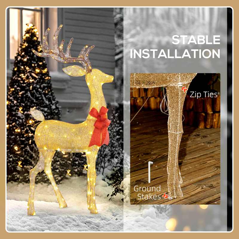 Outsunny Lighted Reindeer Christmas Decoration, Light Up Christmas Deer with 137 LED Lights for Indoor, Outdoor, Garden, Lawn, Gold Tone