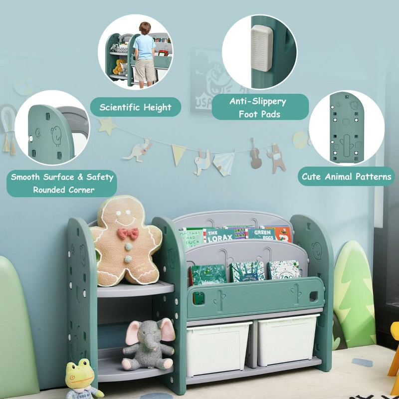 Kids Toy Storage Organizer with 2-Tier Bookshelf and Plastic Bins