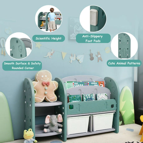 Kids Toy Storage Organizer with 2-Tier Bookshelf and Plastic Bins