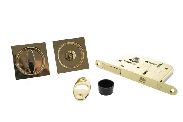 AGB Sliding Door Bathroom Lock Set with Square Flush Handle - Polished Brass - Each