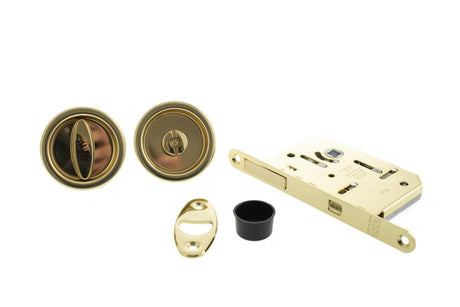 AGB Sliding Door Bathroom Lock Set with Round Flush Handle - Polished Brass - Each