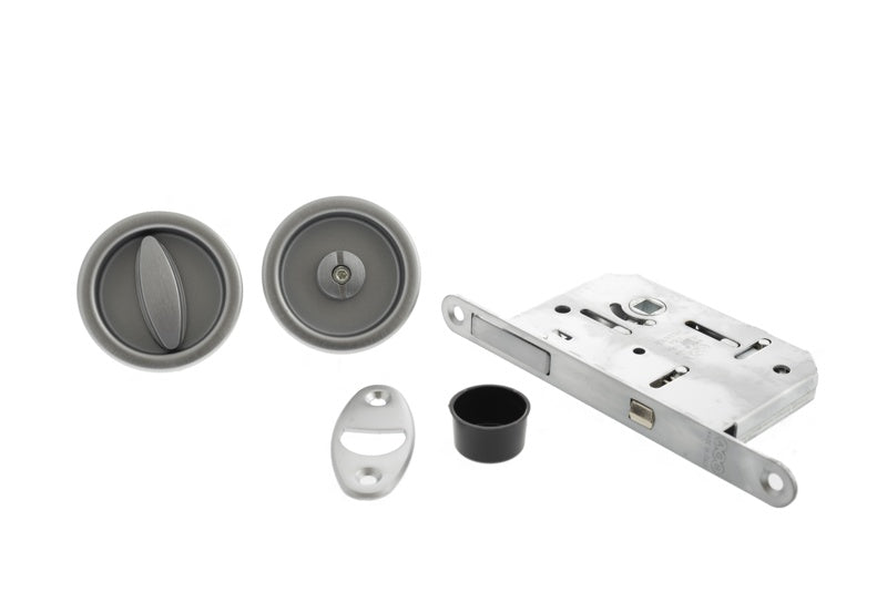 AGB Sliding Door Bathroom Lock Set with Round Flush Handle - Satin Chrome - Each