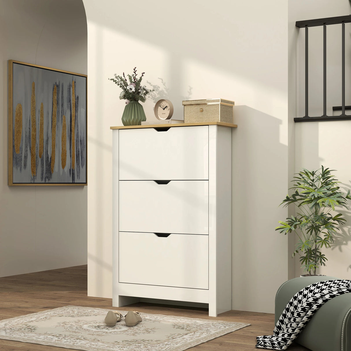 HOMCOM Slim Shoe Cabinet, Narrow Shoe Cupboard with 3 Flip Drawers, Adjustable Shelves for 18 Pairs of Shoes, High Gloss White