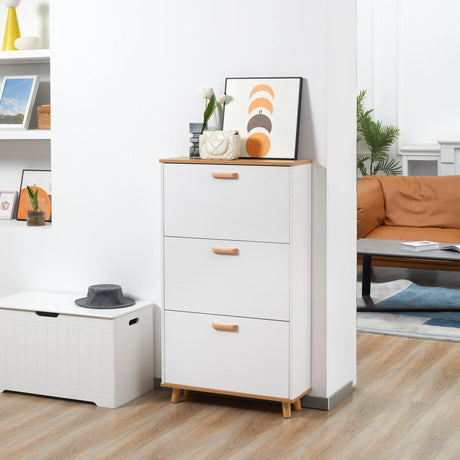 HOMCOM Narrow Shoe Cabinet, Slim Shoe Storage Cabinet with 3 Flip Drawers and Adjustable Shelves, 12 Pair of Shoes Organizer for Hallway, Entryway, White