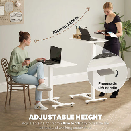 HOMCOM Height Adjustable Standing Desk, Pneumatic Sit Stand Desk for Laptop, Mobile Overbed Table with Wheels for Home Office, White