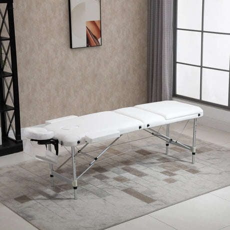 HOMCOM Foldable Massage Bed Portable Table, 3-Section Aluminium Foldable Beauty Couch, Professional Salon Spa Table with Headrest Support and Carry Bag, 81 cm Width, White
