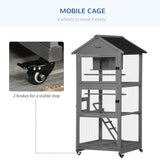 PawHut Bird Cage budgie cage Wooden Outdoor Aviary with Wheels  for Canary Finch with Asphalt Roof Perch Nest Ladder Slide-out Tray, Grey