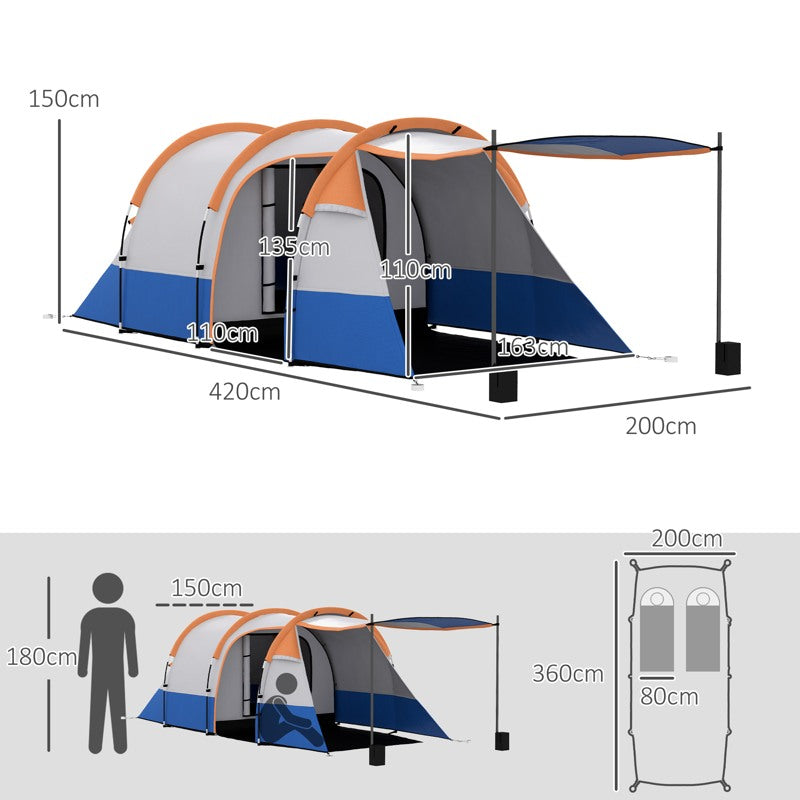 Outsunny Camping Tent, Large Tunnel Tent with Bedroom and Living Area, 2000mm Waterproof, Portable with Bag for 2-3 Man, Orange