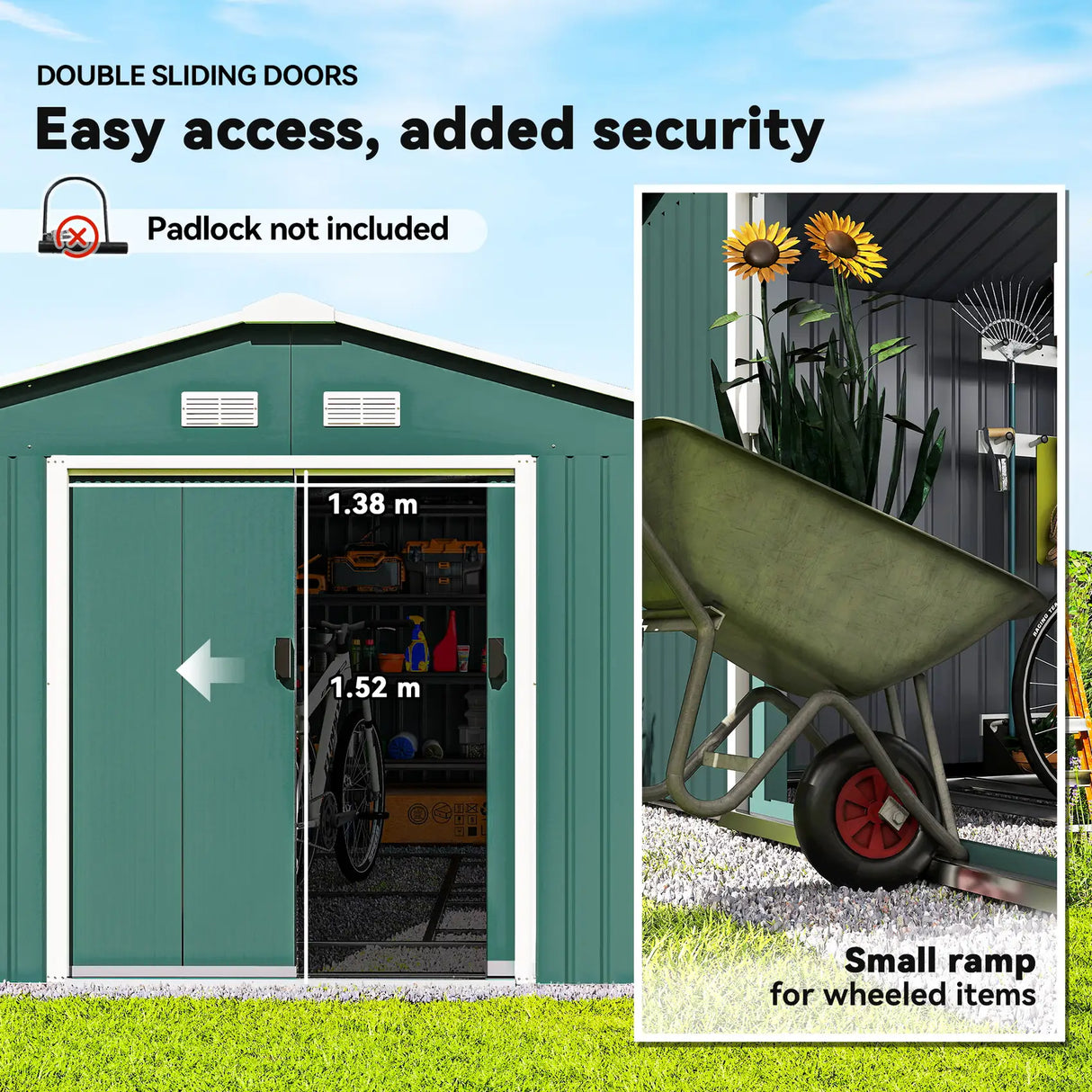 Outsunny 12.5 x 11.1ft Steel Sliding Door Storage Shed - Green