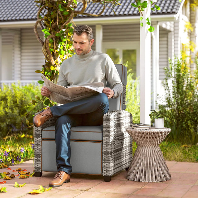 Outsunny 145 Reclining Rattan Armchair, with Footrest - Mixed Grey/Grey