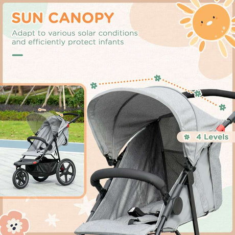 HOMCOM Foldable Three-Wheeler Baby Stroller w/ Canopy, Storage Basket - Grey