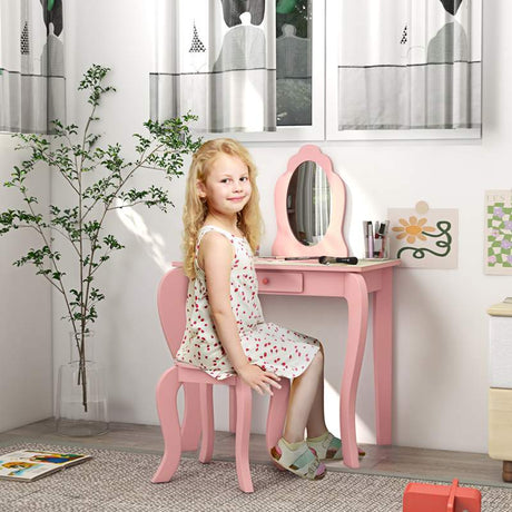 ZONEKIZ Kids Dressing Table with Mirror, Stool, Drawer, Cute Animal Design - Pink