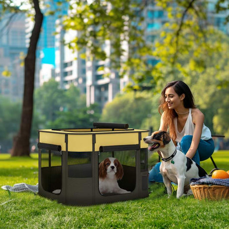 PawHut Foldable Dog Pen with Storage Bag for Indoor/Outdoor Use, Portable Pet playpen, with Ground Stakes - Yellow